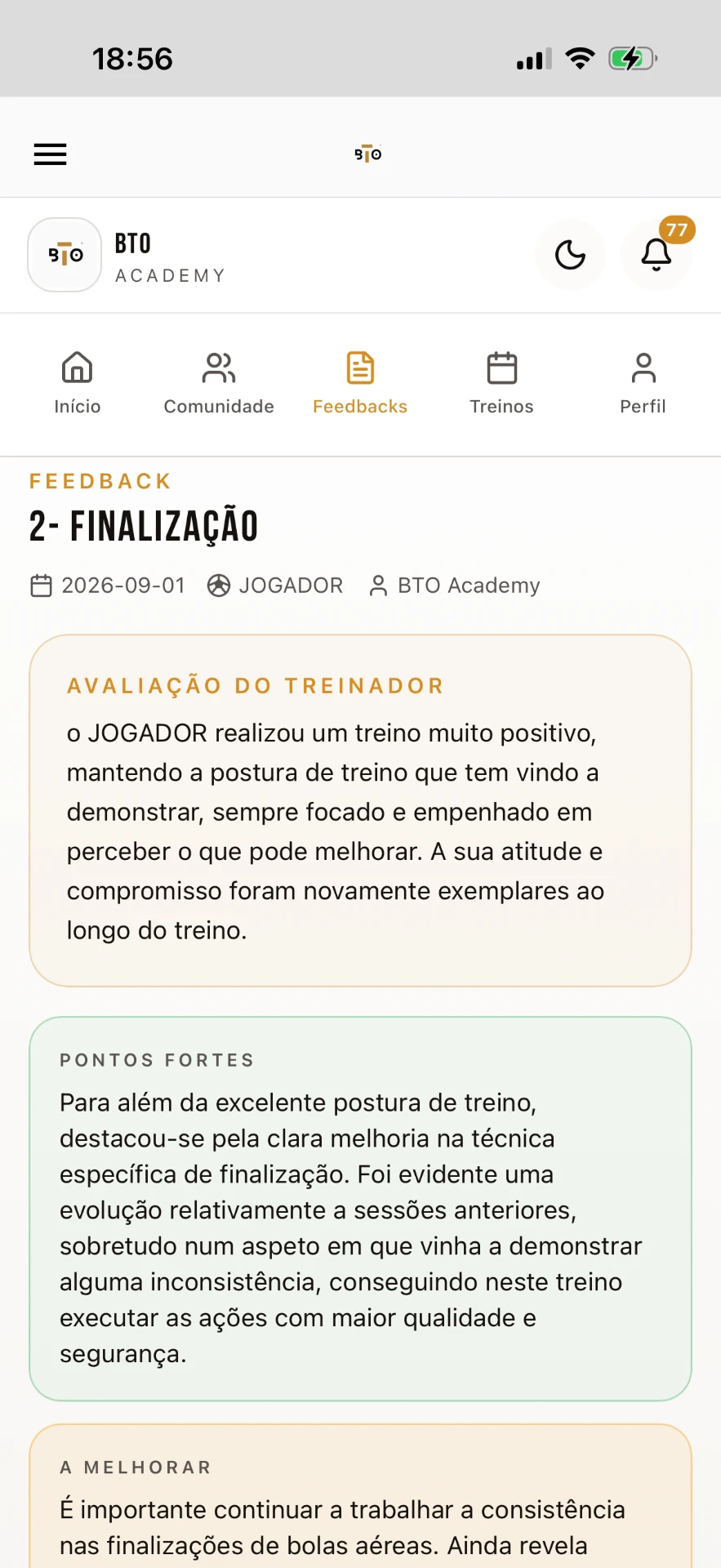 Ecrã de feedback do treinador na App BTO