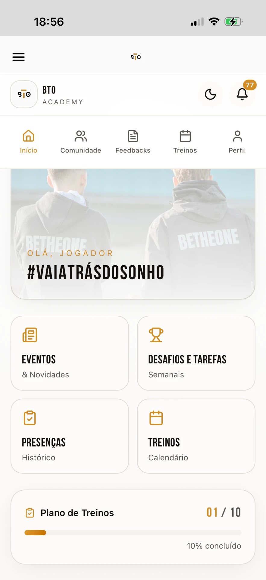 Ecrã inicial da App BTO com eventos, treinos e plano de treinos